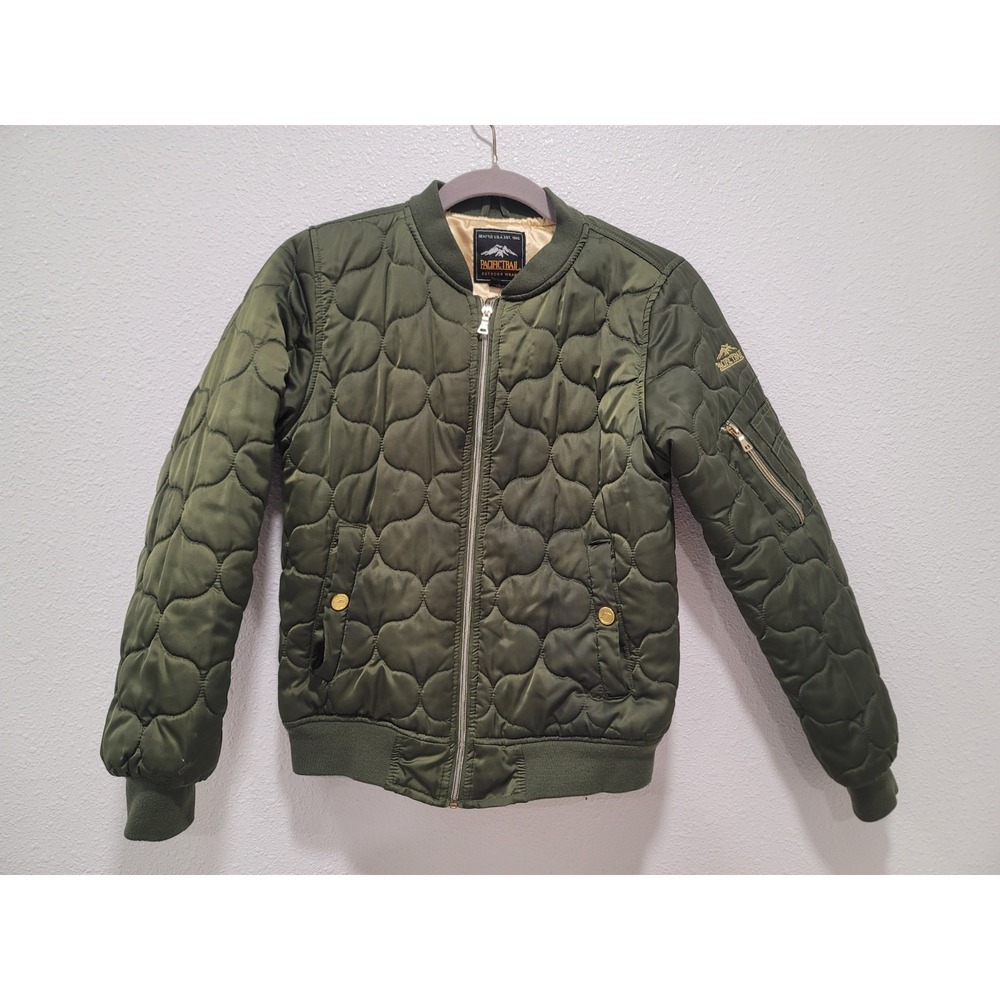 Quilted bomber puffer jacket Pacific trail gold snaps olive green vintage large